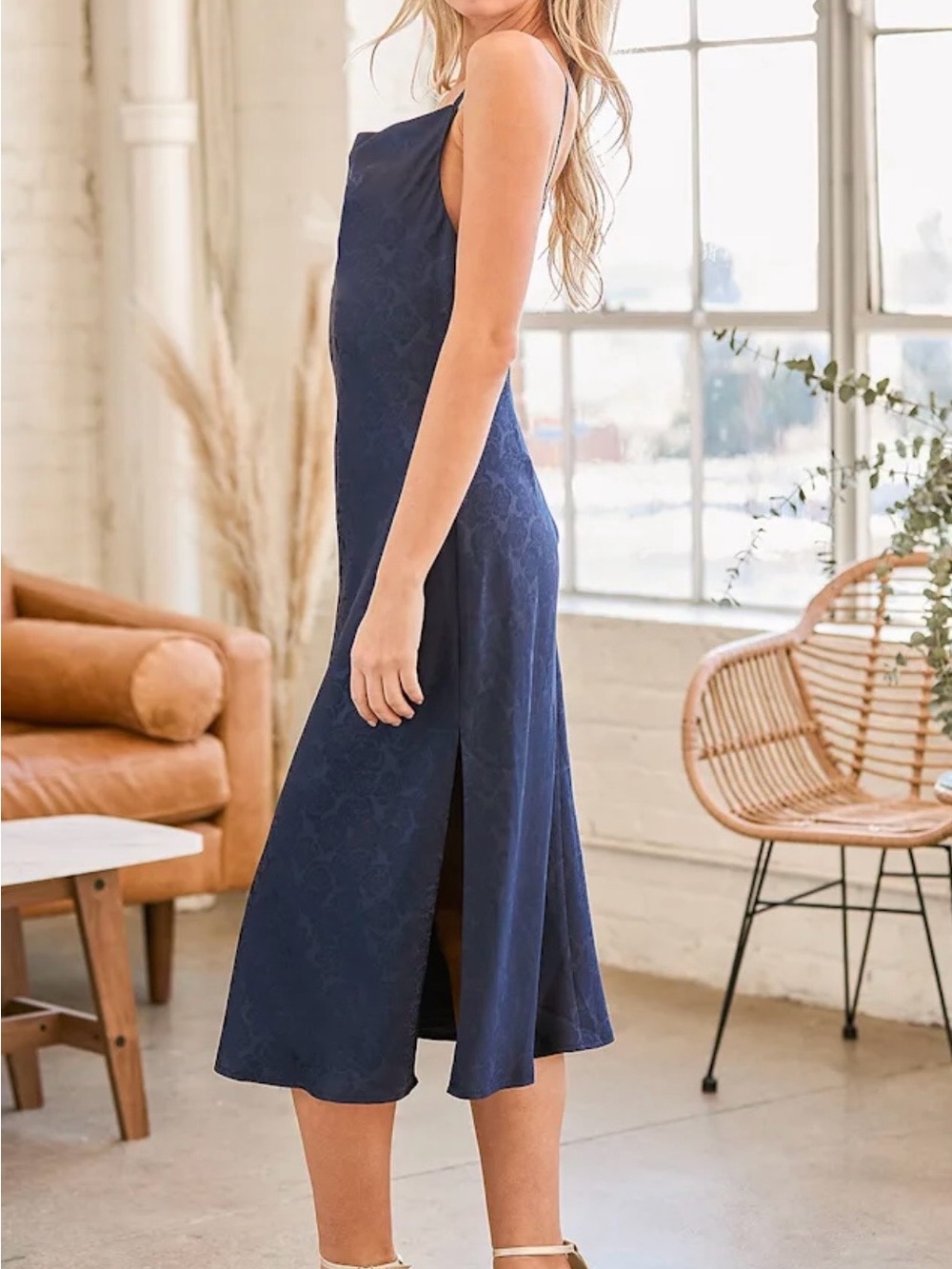 Lulu's Navy Floral-Texture Midi Dress with Side Slit midnight blue jacquard